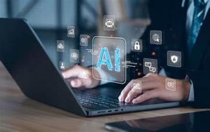 Person using AI tools on a laptop to make money online
