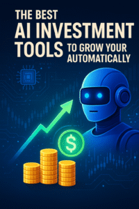 AI "Futuristic digital illustration of a humanoid AI robot with financial growth symbols including a rising chart, coin stacks, and a dollar icon, representing AI-powered investment tools to grow money automatically."