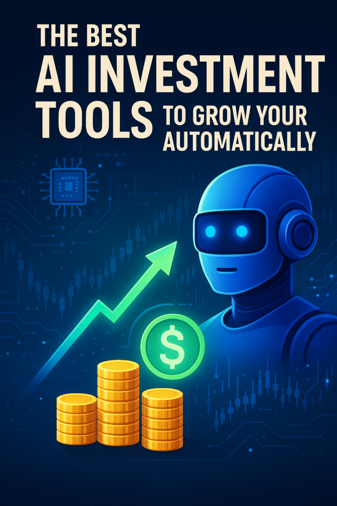 "Futuristic digital illustration of a humanoid AI robot with financial growth symbols including a rising chart, coin stacks, and a dollar icon, representing AI-powered investment tools to grow money automatically."